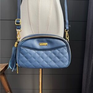 Joy & Iman Quilted Blue Leather Crossbody Bag Tassel Zippers Pockets Gold Accent